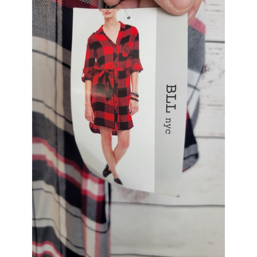NWT BLL NYC Shirt Dress button‎ down Size Large Red Black Plaid Pocket Roll Tab - Picture 8 of 13